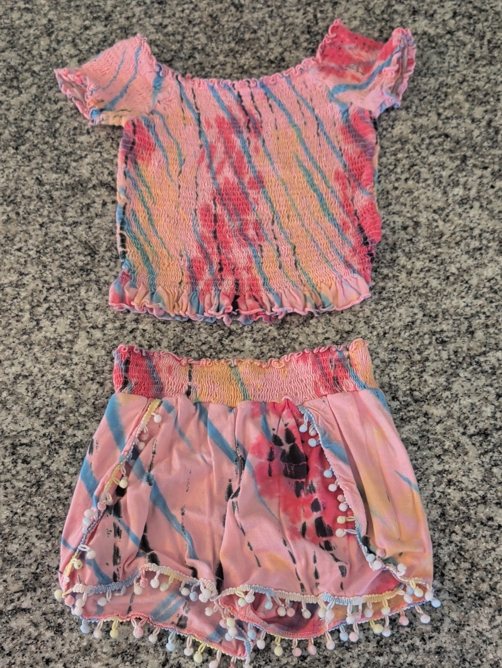 Flowers by Zoe Pink Multicolor Smocked Top & Pom Pom Shorts Set